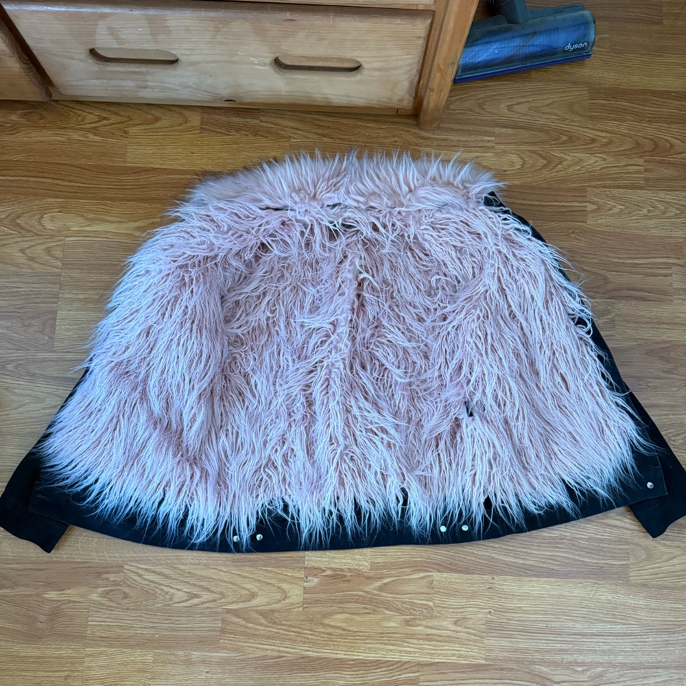 Black Jean Jacket with Pink Faux Fur Lining and Collar - Picture 2 of 7